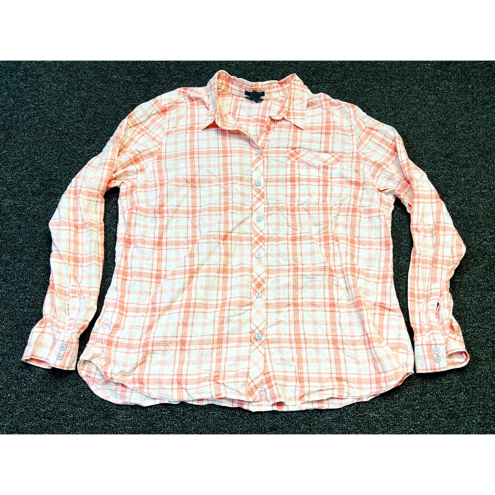 Eddie Bauer Shirt Womens XL White Pink Plaid Classic Fit Pocket Collar Button Up